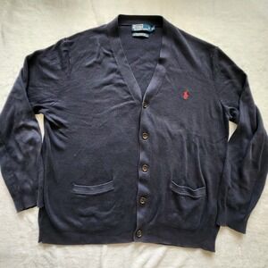 Vintage Polo Ralph Lauren Sweater Blue Red Pony Cardigan Pima Cotton Men XL